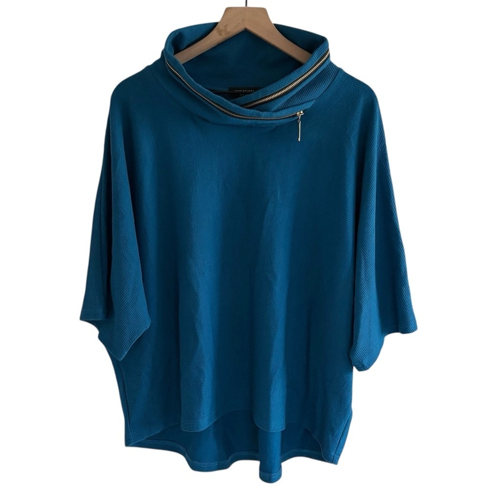 Creation Women’s M Teal Blue Zip Cowl Neck Sweater Dolman Sleeve Boxy Top